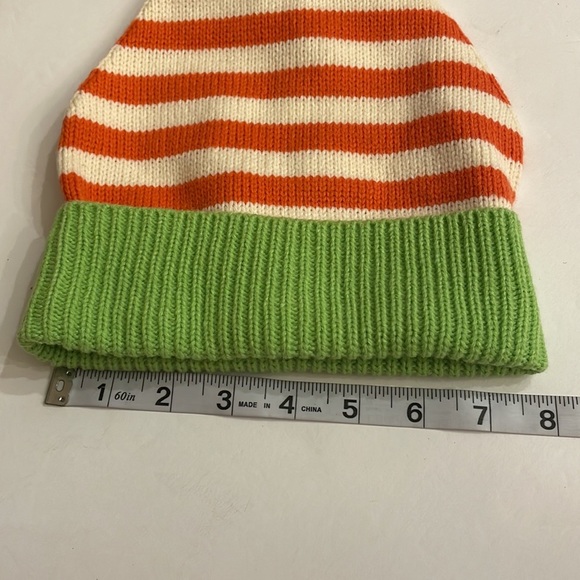 Kids unisex roll down beanie hat stripes w/ Pom Pom orange / cream / green - Picture 7 of 9